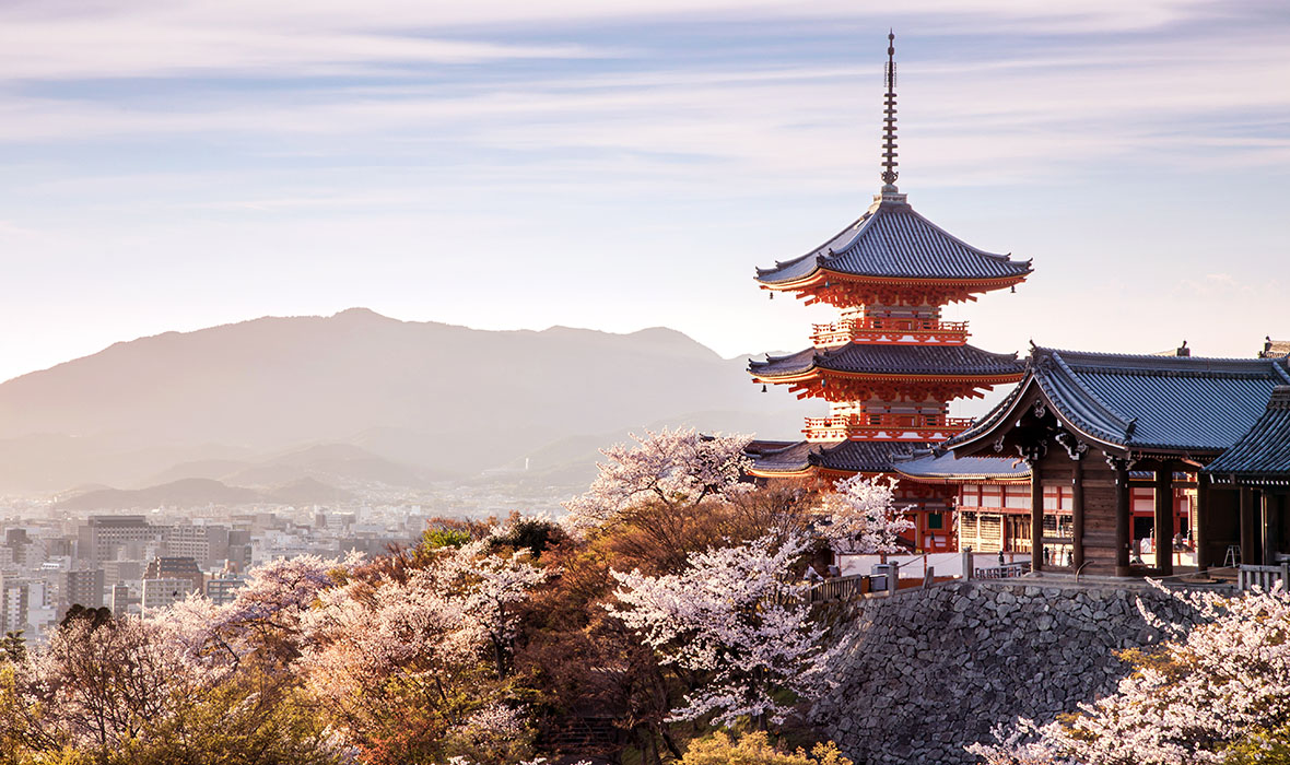 Sunset at Kiyomizu-dera Temple and cherry blossom season (Sakura) on spring time in Kyoto, Japan