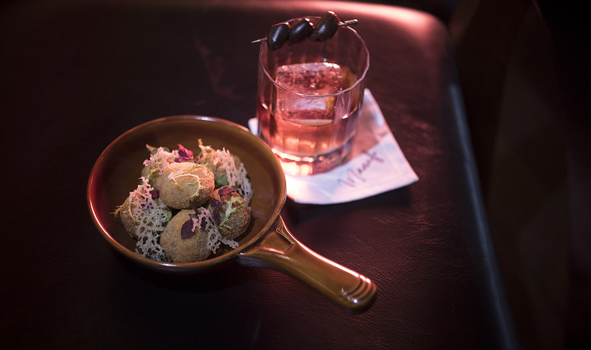 Marcello_Truffle Arancini and Smoked Black Olive Negroni